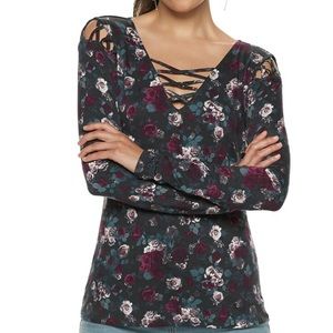 Rock and Republic Long sleeve Black Floral Top